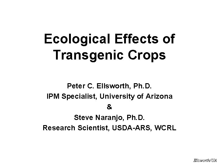 Ecological Effects of Transgenic Crops Peter C. Ellsworth, Ph. D. IPM Specialist, University of
