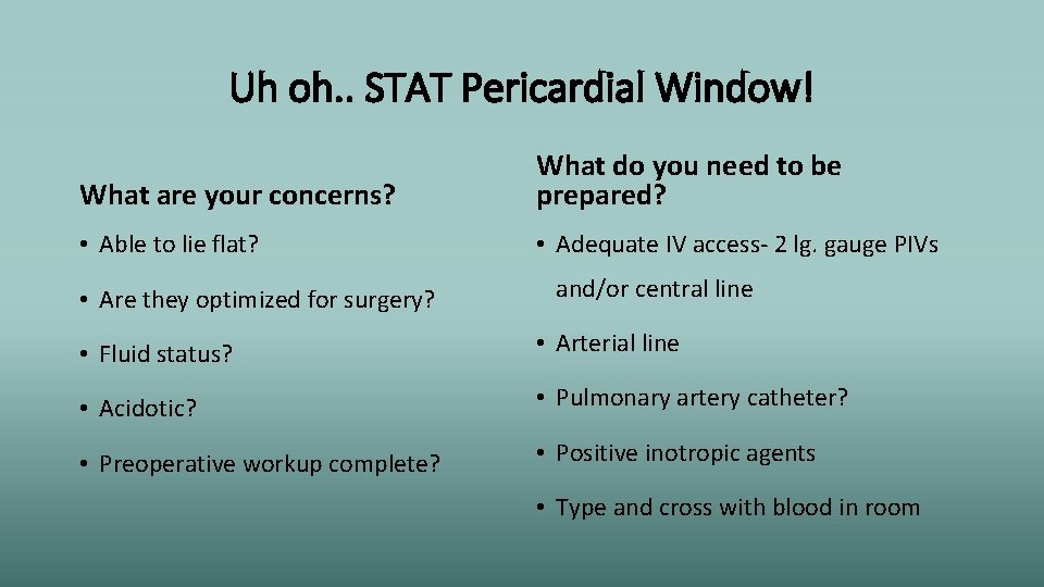 Uh oh. . STAT Pericardial Window! What are your concerns? What do you need