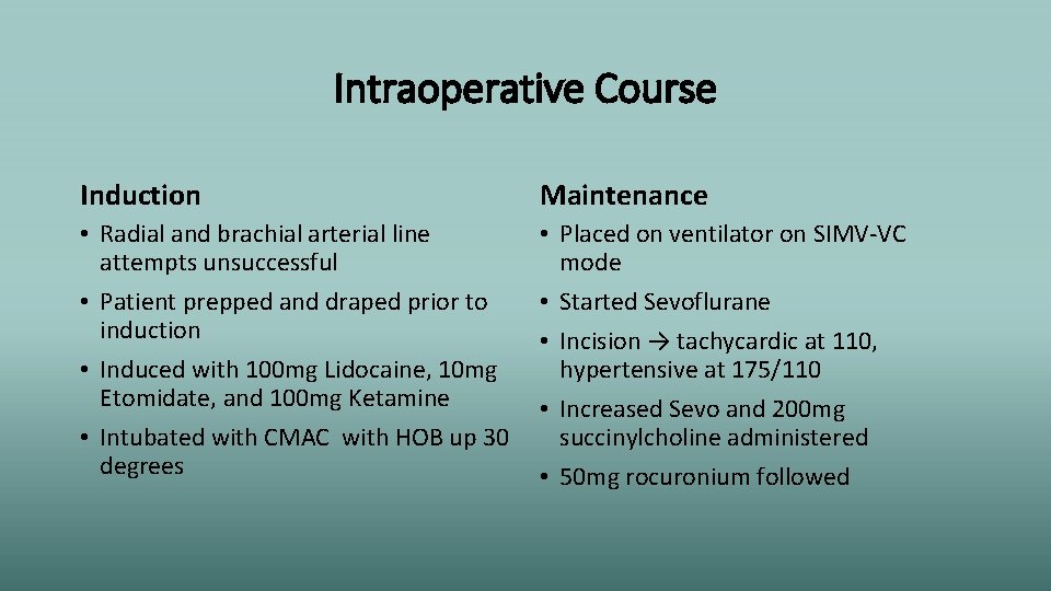 Intraoperative Course Induction Maintenance • Radial and brachial arterial line attempts unsuccessful • Patient