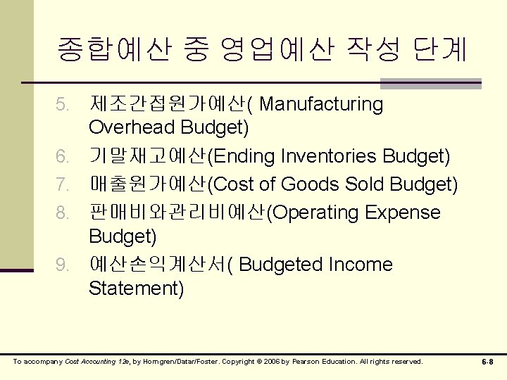 종합예산 중 영업예산 작성 단계 5. 제조간접원가예산( Manufacturing 6. 7. 8. 9. Overhead Budget)
