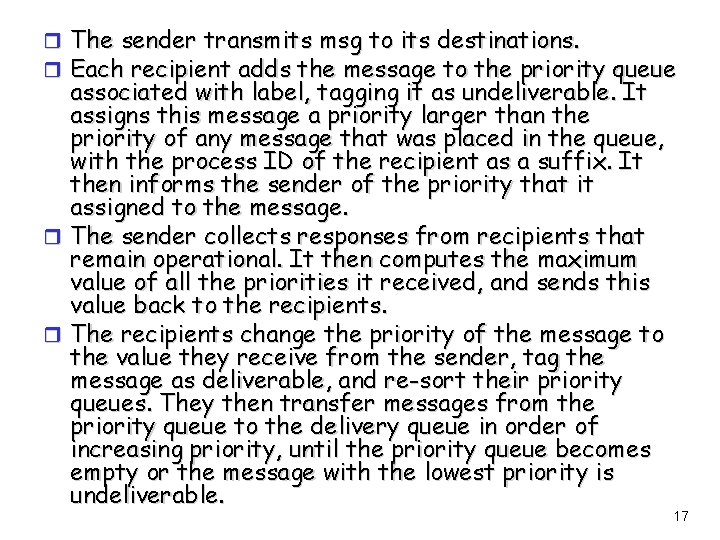 r The sender transmits msg to its destinations. r Each recipient adds the message r The sender transmits msg to its destinations. r Each recipient adds the message
