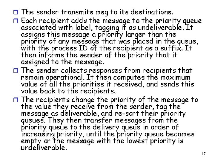 r The sender transmits msg to its destinations. r Each recipient adds the message