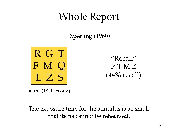 Whole Report Sperling (1960) R G T F M Q L Z S “Recall” Whole Report Sperling (1960) R G T F M Q L Z S “Recall”