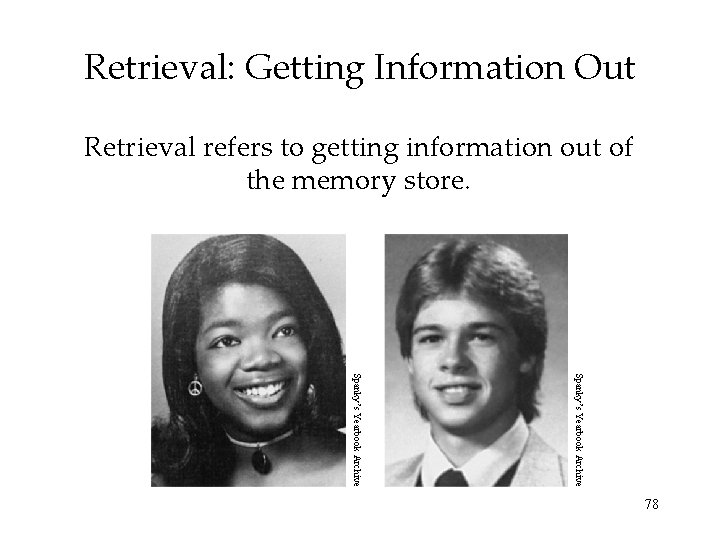 Retrieval: Getting Information Out Retrieval refers to getting information out of the memory store. Retrieval: Getting Information Out Retrieval refers to getting information out of the memory store.