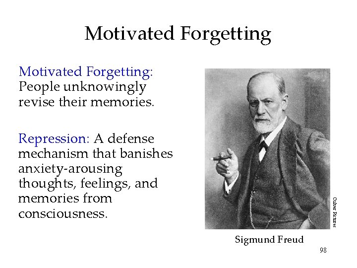 Motivated Forgetting: People unknowingly revise their memories. Culver Pictures Repression: A defense mechanism that Motivated Forgetting: People unknowingly revise their memories. Culver Pictures Repression: A defense mechanism that