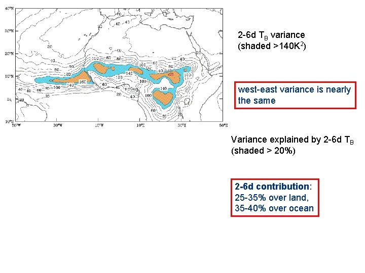 2 -6 d TB variance (shaded >140 K 2) west-east variance is nearly the