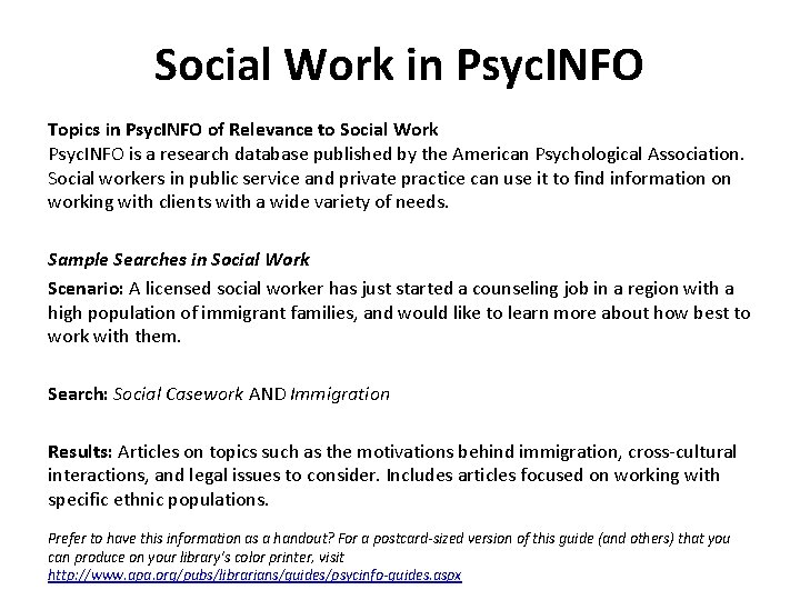 Social Work in Psyc. INFO Topics in Psyc. INFO of Relevance to Social Work