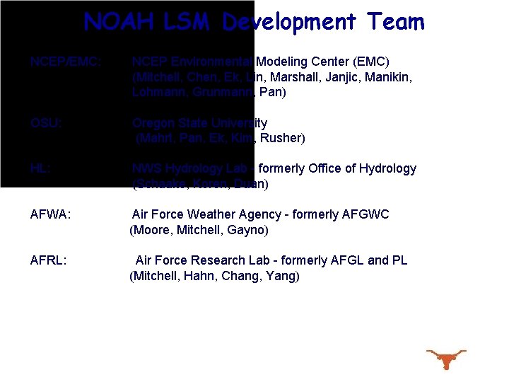 NOAH LSM Development Team NCEP/EMC: NCEP Environmental Modeling Center (EMC) (Mitchell, Chen, Ek, Lin,