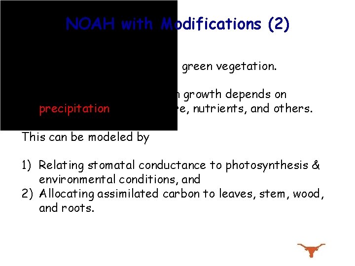 NOAH with Modifications (2) NOAH prescribes fractional green vegetation. In the real world, vegetation