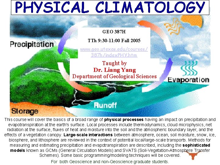 PHYSICAL CLIMATOLOGY GEO 387 H TTh 9: 30 -11: 00 Fall 2005 www. geo.
