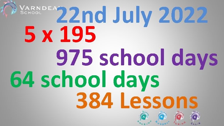 22 nd July 2022 5 x 195 975 school days 64 school days 384 22 nd July 2022 5 x 195 975 school days 64 school days 384