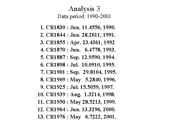 Analysis 3 Data period: 1990 -2001 1. CR 1830 : Jun. 11. 4556, 1990.