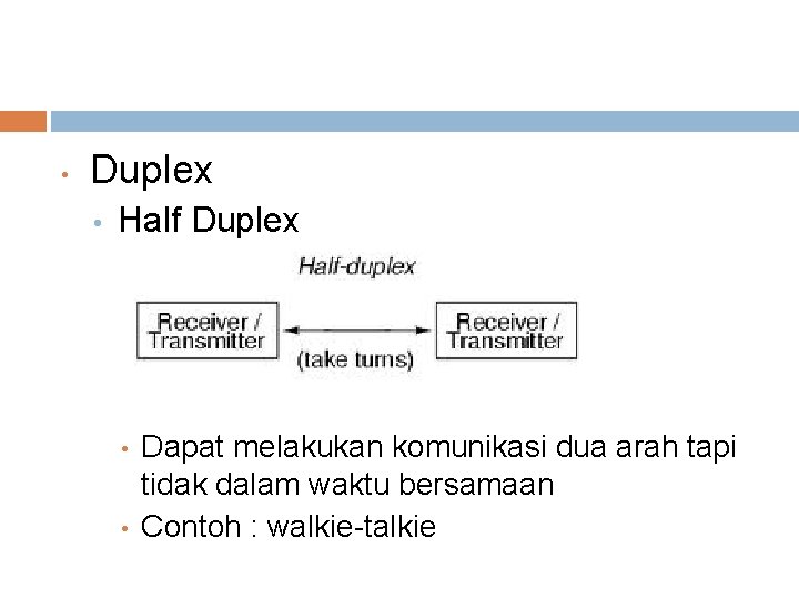  • Duplex • Half Duplex • • Dapat melakukan komunikasi dua arah tapi