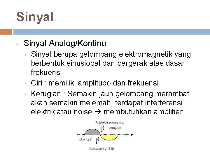 Sinyal • Sinyal Analog/Kontinu • • • Sinyal berupa gelombang elektromagnetik yang berbentuk sinusiodal