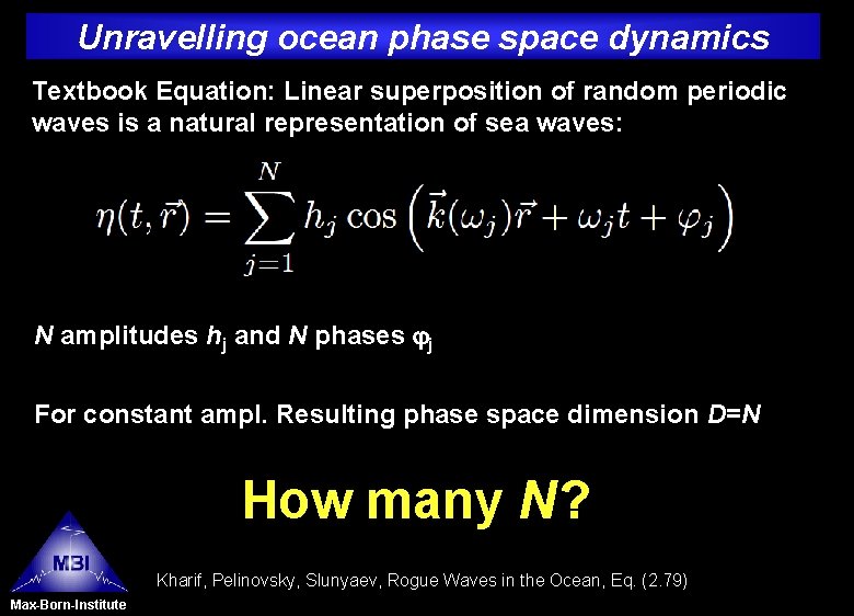 Unravelling ocean phase space dynamics Textbook Equation: Linear superposition of random periodic waves is