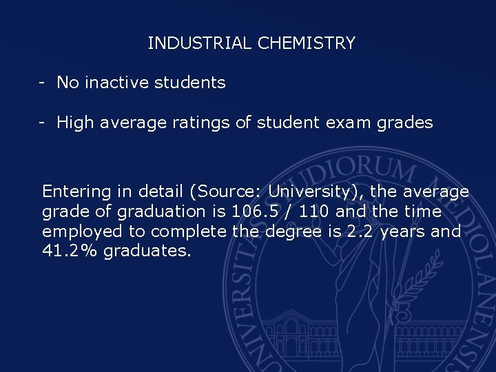 INDUSTRIAL CHEMISTRY - No inactive students - High average ratings of student exam grades