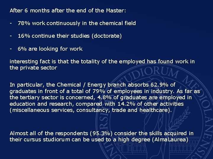 After 6 months after the end of the Master: - 78% work continuously in