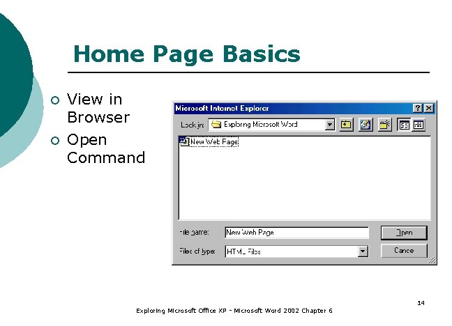 Home Page Basics ¡ ¡ View in Browser Open Command Exploring Microsoft Office XP