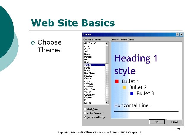 Web Site Basics ¡ Choose Theme Exploring Microsoft Office XP - Microsoft Word 2002