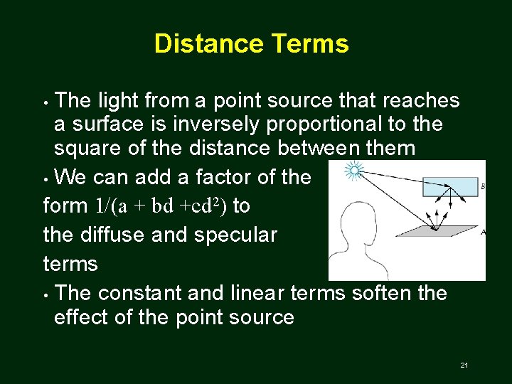 Distance Terms The light from a point source that reaches a surface is inversely