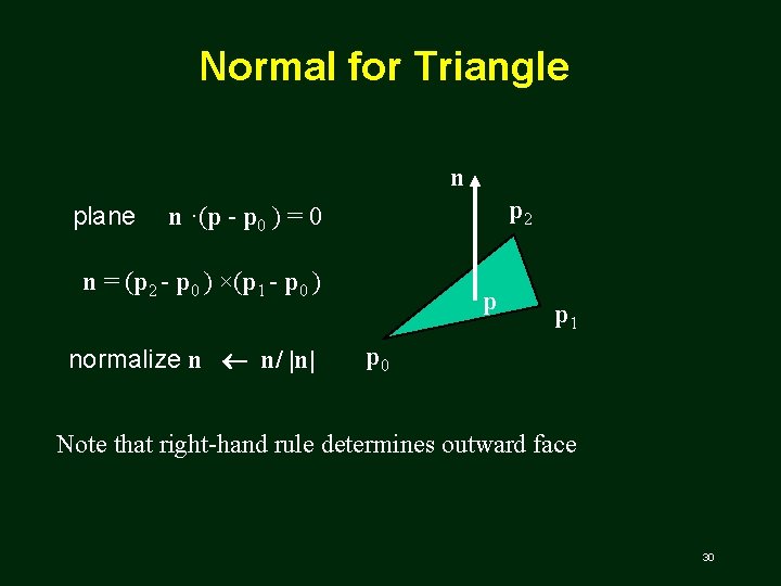 Normal for Triangle n plane p 2 n ·(p p 0 ) = 0