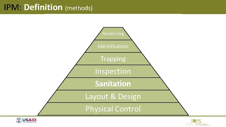 IPM: Definition (methods) Pesticides Monitoring Identification Trapping Inspection Sanitation Layout & Design Physical Control IPM: Definition (methods) Pesticides Monitoring Identification Trapping Inspection Sanitation Layout & Design Physical Control