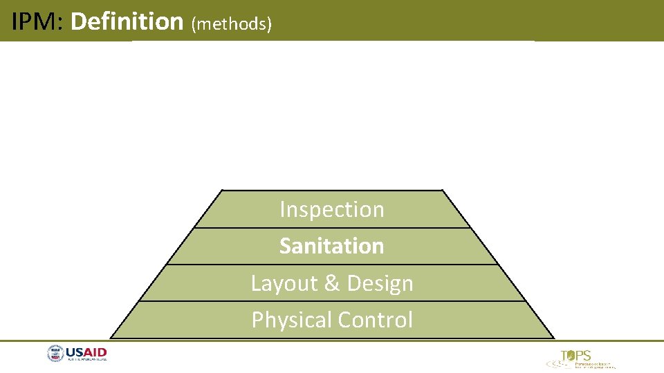 IPM: Definition (methods) Pesticides Monitoring Identification Trapping Inspection Sanitation Layout & Design Physical Control IPM: Definition (methods) Pesticides Monitoring Identification Trapping Inspection Sanitation Layout & Design Physical Control