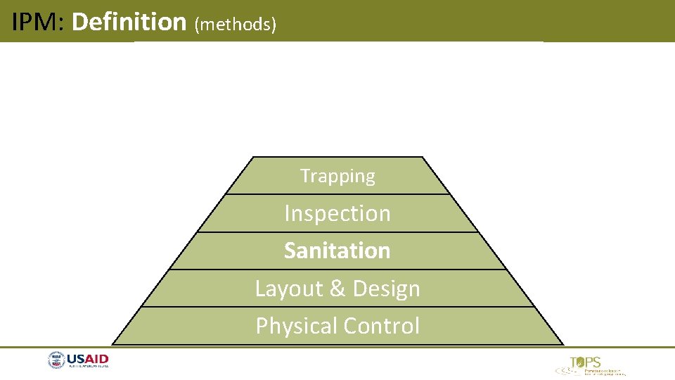 IPM: Definition (methods) Pesticides Monitoring Identification Trapping Inspection Sanitation Layout & Design Physical Control IPM: Definition (methods) Pesticides Monitoring Identification Trapping Inspection Sanitation Layout & Design Physical Control