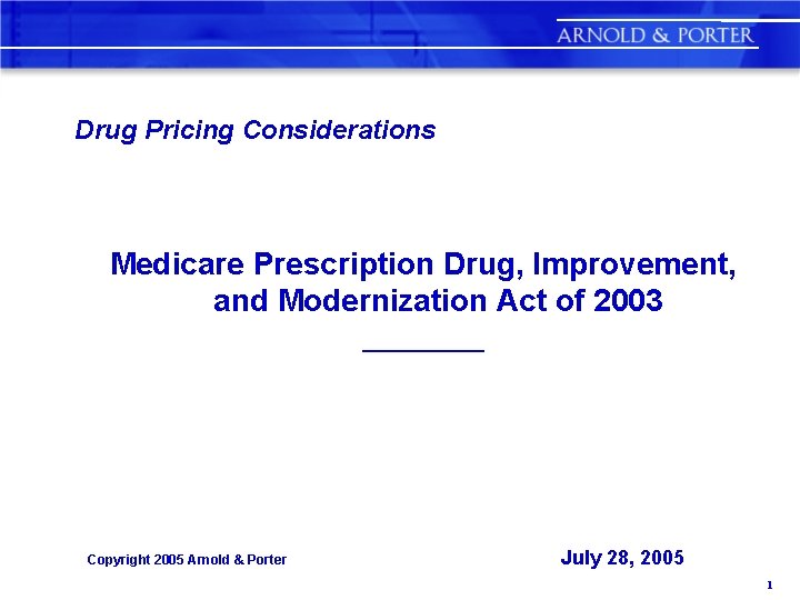 Drug Pricing Considerations Medicare Prescription Drug, Improvement, and Modernization Act of 2003 ______ Copyright