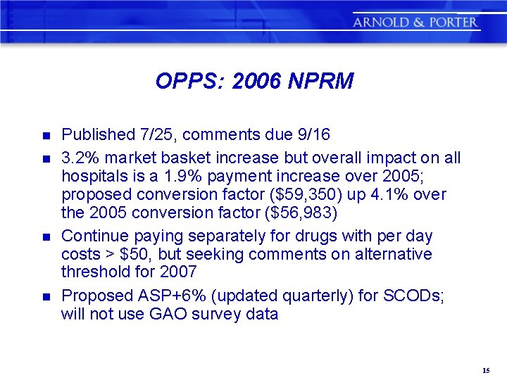 OPPS: 2006 NPRM n n Published 7/25, comments due 9/16 3. 2% market basket