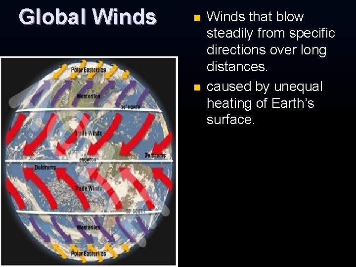 Global Winds n n Winds that blow steadily from specific directions over long distances. Global Winds n n Winds that blow steadily from specific directions over long distances.