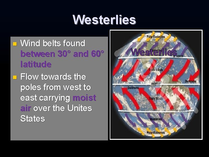 Westerlies n n Wind belts found between 30° and 60° latitude Flow towards the Westerlies n n Wind belts found between 30° and 60° latitude Flow towards the