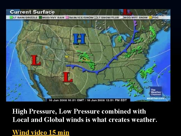 High Pressure, Low Pressure combined with Local and Global winds is what creates weather. High Pressure, Low Pressure combined with Local and Global winds is what creates weather.