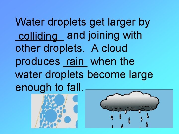 Water droplets get larger by ____ colliding and joining with other droplets. A cloud