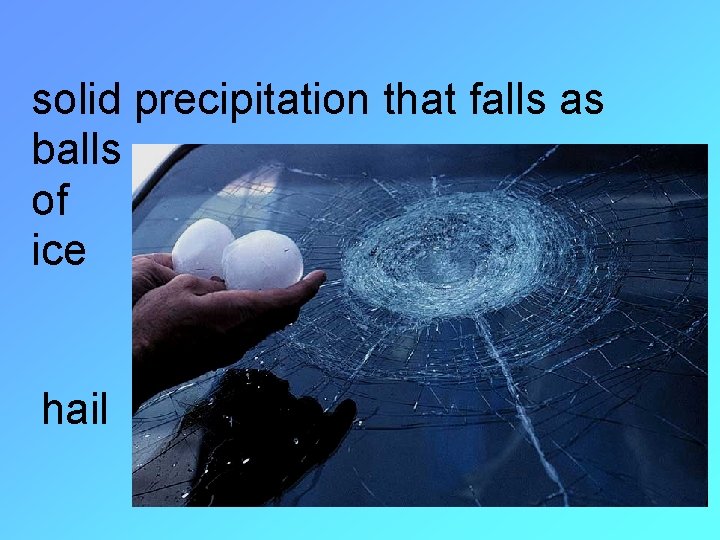 solid precipitation that falls as balls of ice hail 