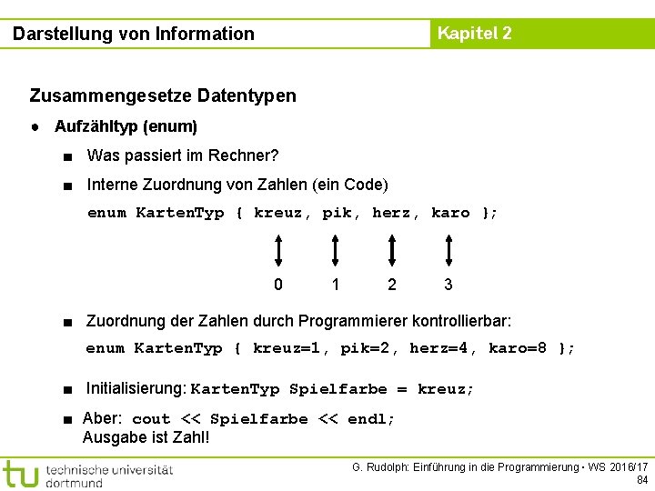 Kapitel 2 Darstellung von Information Zusammengesetze Datentypen ● Aufzähltyp (enum) ■ Was passiert im