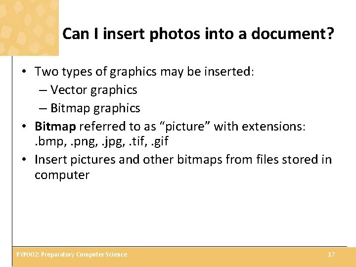Can I insert photos into a document? • Two types of graphics may be