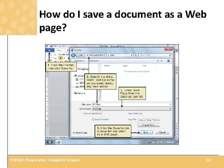 How do I save a document as a Web page? PYP 002: Preparatory Computer