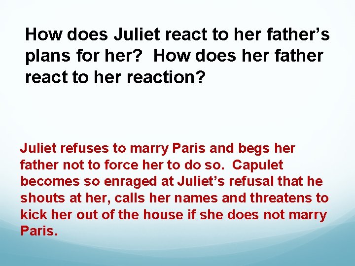 How does Juliet react to her father’s plans for her? How does her father