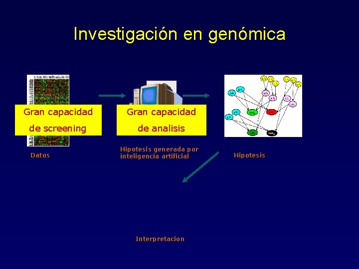 Investigación en genómica Gran capacidad de screening de analisis Datos Hipotesis generada por inteligencia