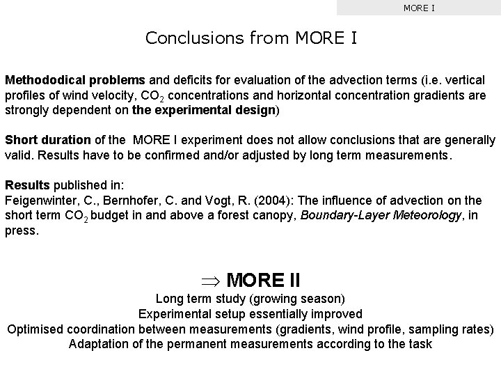 MORE I Conclusions from MORE I Methododical problems and deficits for evaluation of the