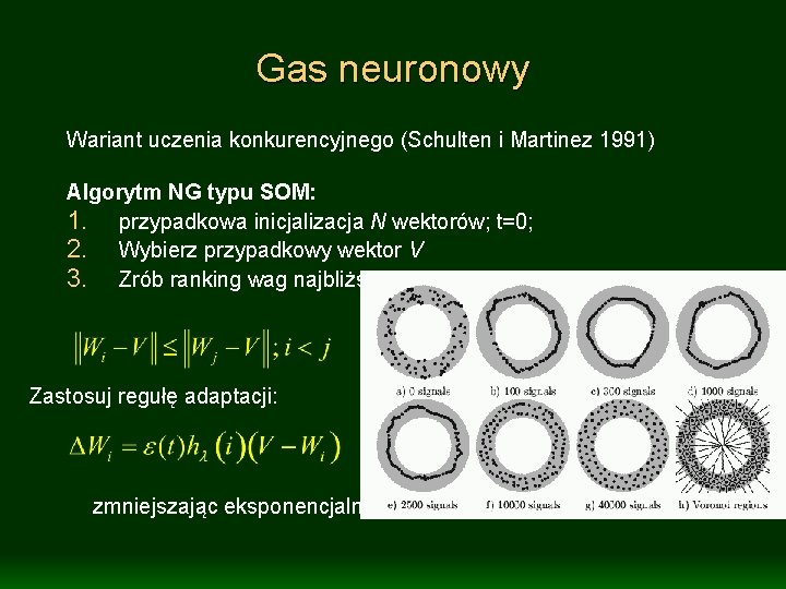 Gas neuronowy Wariant uczenia konkurencyjnego (Schulten i Martinez 1991) Algorytm NG typu SOM: 1.