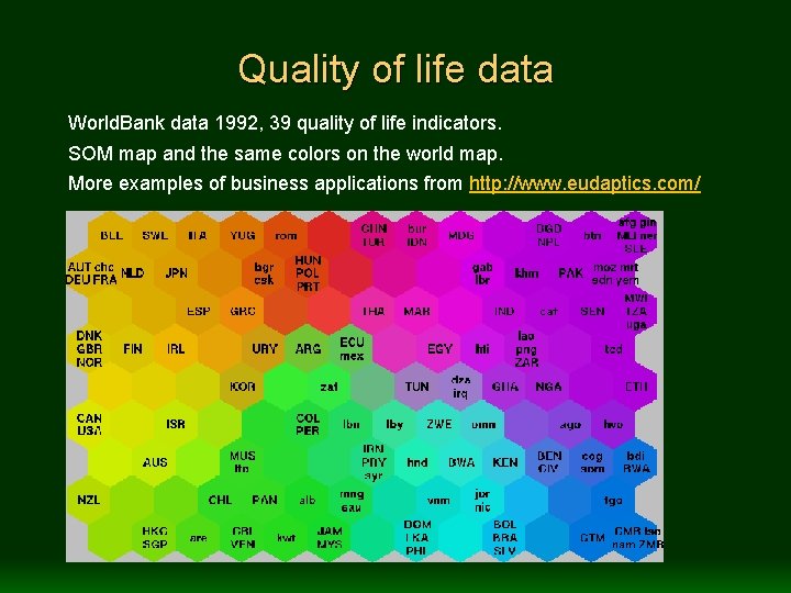 Quality of life data World. Bank data 1992, 39 quality of life indicators. SOM