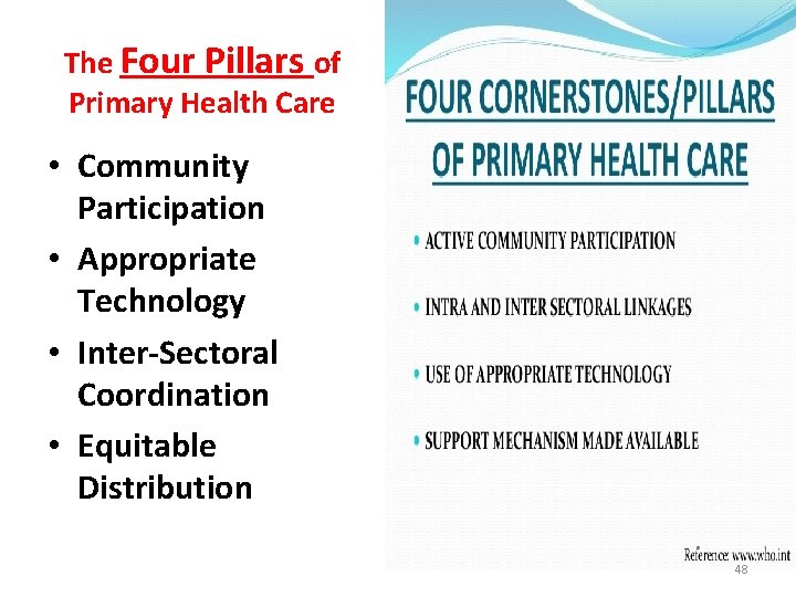 The Four Pillars of Primary Health Care • Community Participation • Appropriate Technology •