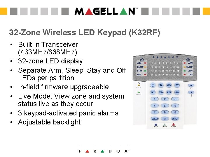 32 -Zone Wireless LED Keypad (K 32 RF) • Built-in Transceiver (433 MHz/868 MHz) 32 -Zone Wireless LED Keypad (K 32 RF) • Built-in Transceiver (433 MHz/868 MHz)