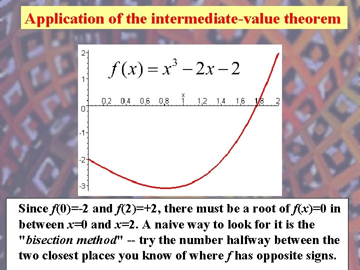 Application of the intermediate-value theorem Maple graph Since f(0)=-2 and f(2)=+2, there must be