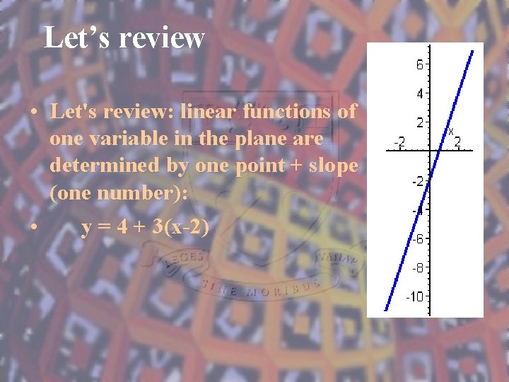 Let’s review • Let's review: linear functions of one variable in the plane are