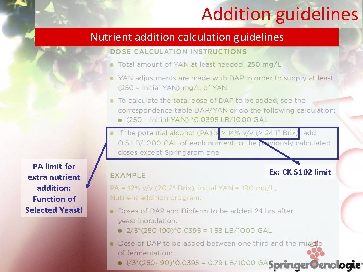 Addition guidelines Nutrient addition calculation guidelines PA limit for extra nutrient addition: Function of