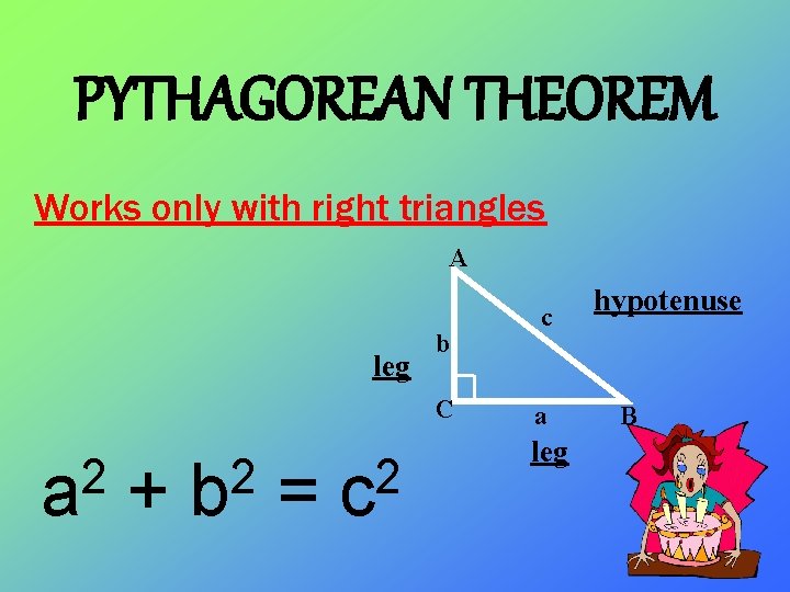 PYTHAGOREAN THEOREM Works only with right triangles A leg b C 2 a +