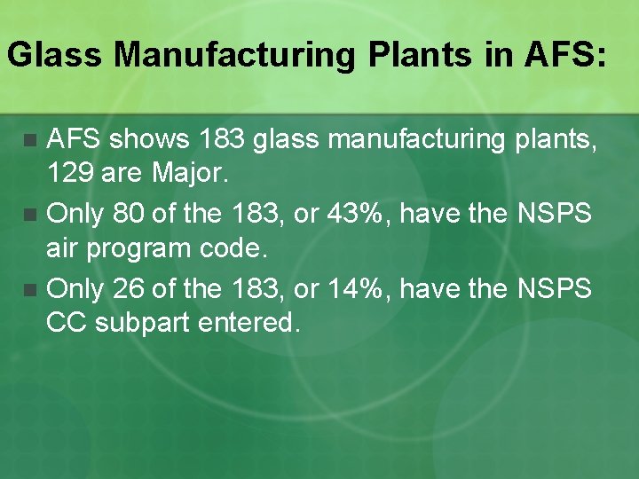 Glass Manufacturing Plants in AFS: AFS shows 183 glass manufacturing plants, 129 are Major.